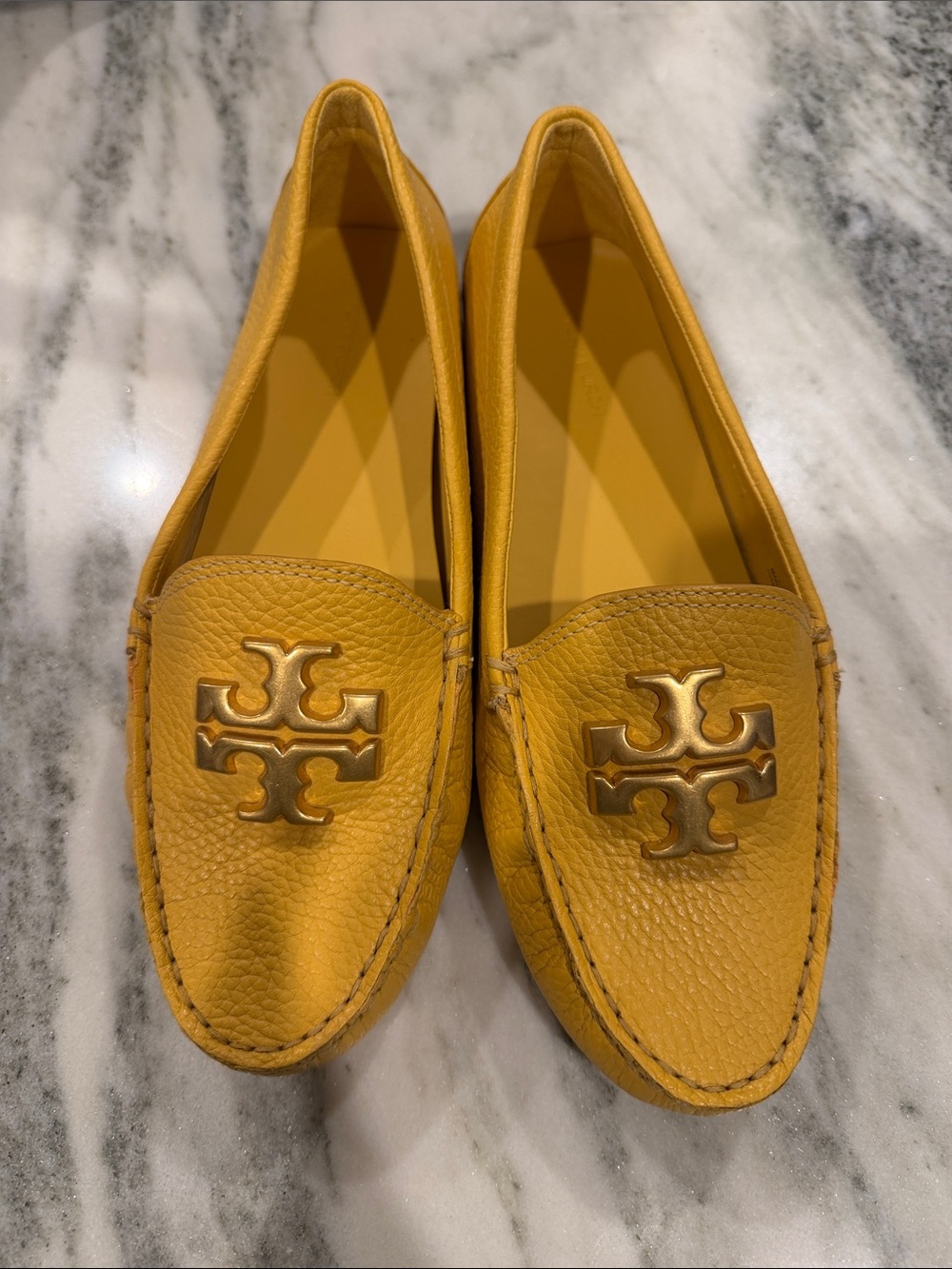 Tory Burch Mustard Yellow Leather Logo Driving Loafers
